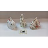 3 Royal Crown Derby rabbits with gold stoppers