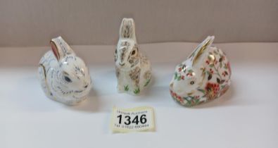 3 Royal Crown Derby rabbits with gold stoppers