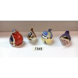 A Royal Crown Derby gold crested tit, garden blue tit & 2 others with gold stoppers