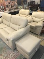Cream leather 3-piece suite with foot stool