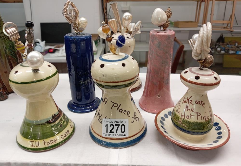 6 hatpin stands including Aller Vale pottery