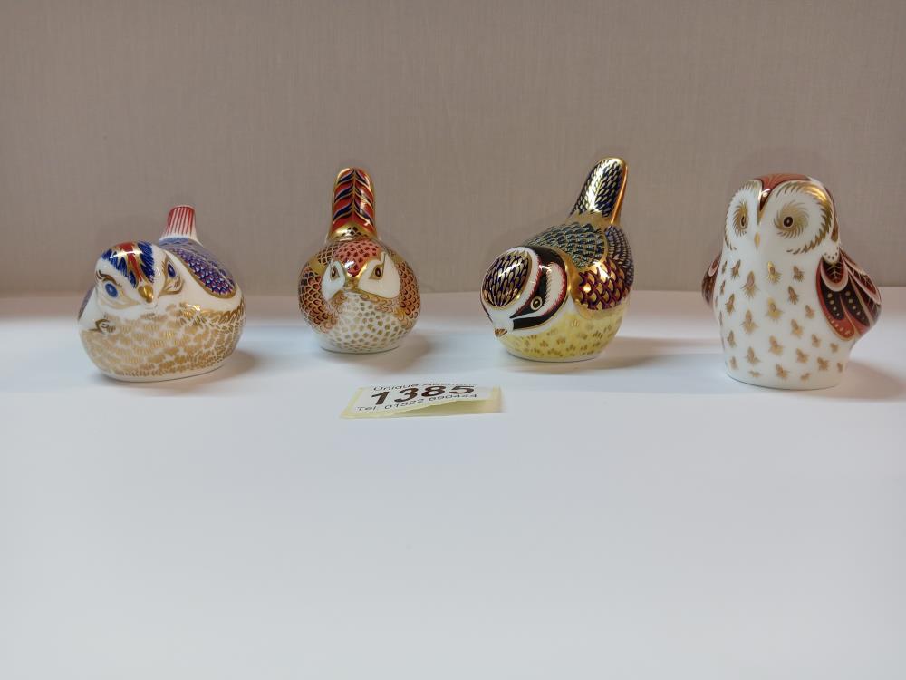 3 Royal Crown Derby birds & an owl, 2 with gold stoppers & 2 with silver stoppers