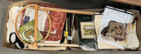 2 boxes of tapestry & crafting fabrics etc.