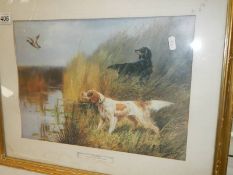 A framed and glazed print of a rural scene with hunting hound. COLLECT ONLY.