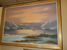 A large oil on canvas winter seascape, COLLECT ONLY.