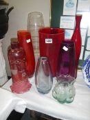 A mixed lot of coloured and clear glass vases, COLLECT ONLY.