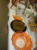 A hand painted glass vase, studio glass bowl and two other glass items.