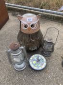 A large owl garden ornament with 2 small lanterns etc