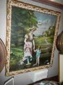 A good early 20th century framed and glazed print of a lady with a young girl paddling, COLLECT ONLY