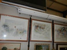 Three framed and glazed modern impressionist prints of children, flowers with over painted borders,