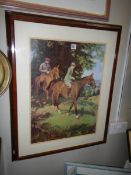 An early 20th century framed and glazed engraving featuring horses and riders, COLLECT ONLY.