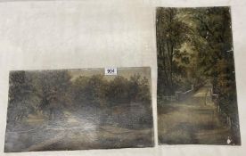 Two oil on board scenes of paths through the woods signed but indistinct