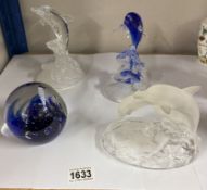 3 glass dolphin figures & a dolphin paperweight