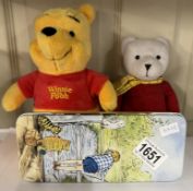 A Rupert the Bear soft toy with Winnie-The-Pooh toy & pencil tin