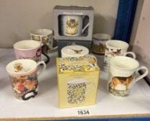 A quantity of new & unused mugs featuring dogs, cats, gardening, golf & a boxed pheasant mug with