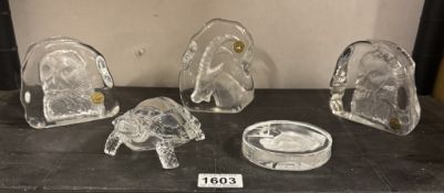 3 crystal paperweights, 1 Mary & Jesus paperweight & a glass tortoise