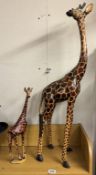 2 realistic carved wooden giraffes, height 90cm & 44cm