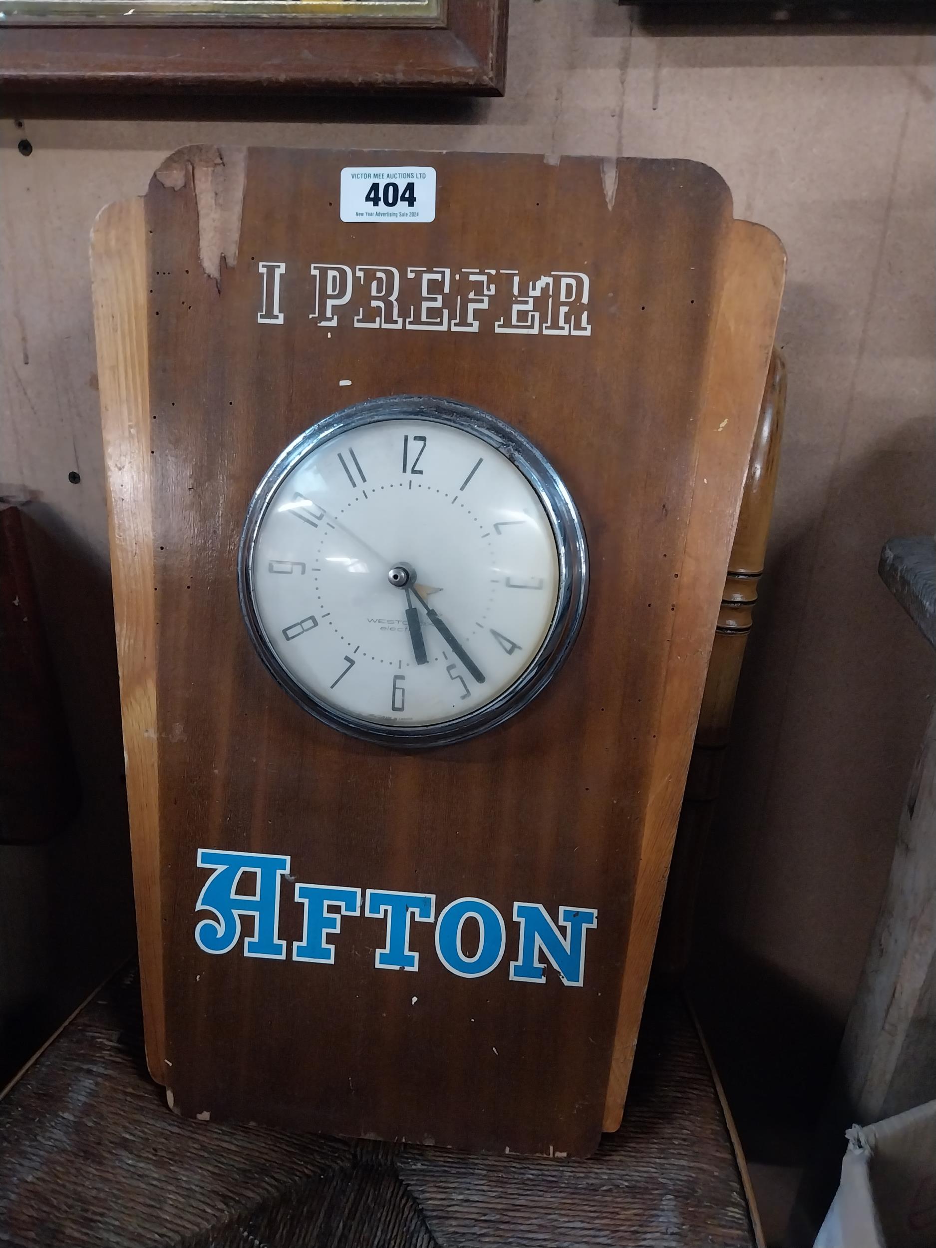 1960's I prefer Afton wooden battery advertising clock. {50 cm H x 34 cm W}. - Image 3 of 5