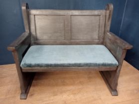 Wooden Irish settle bench blue velvet {H 99cm x W 108cm x D 64cm }.