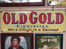 Old Gold Cigarettes Not A Cough in a carload enamel advertising sign. {30 cm H x 90 cm W}.