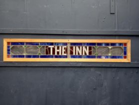 Leaded stain glass THE INN {H 24cm x W 136cm }.