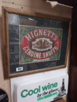 Hignett's genuine snuff framed advertising showcard {46cm H x 56cm W}.