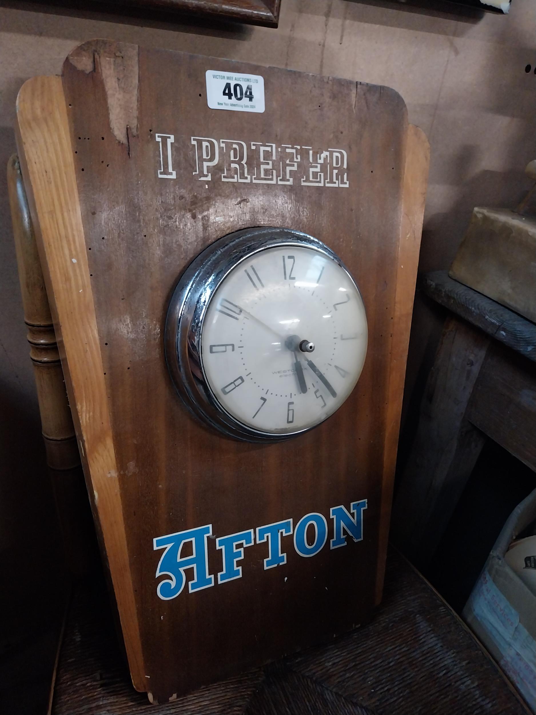 1960's I prefer Afton wooden battery advertising clock. {50 cm H x 34 cm W}. - Image 2 of 5