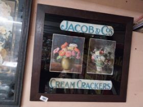 1930's Jacob and Co's Cream crackers reverse painted glass advertising sign in original wooden