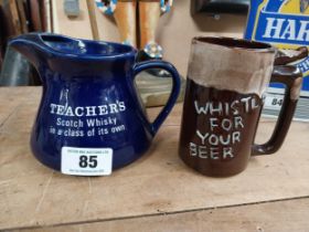 Teachers Scotch Whiskey ceramic water jug {12 cm H x 18 cm W x 13 cm W} and Whistle for you Beer Mug