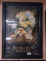 Late 1900's Jacob and Co's Biscuits reverse painted glass advertising sign in original wooden frame.