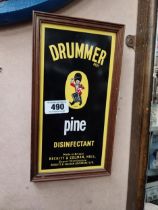Drummer Pine Disinfectant tin plate framed advertising sign. {32 cm H x 17 cm W}