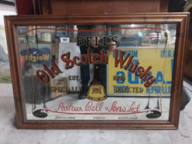 Bell's Old Scotch Whiskey framed advertising mirror. {65 cm H x 96 cm W}.