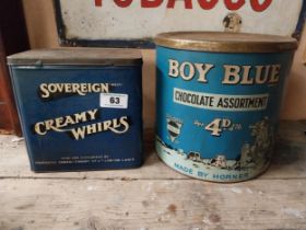 Sovereign Creamy Whirls advertising tin {22 cm H 21 cm W x 14 cm W} and Boy Blue Chocolate