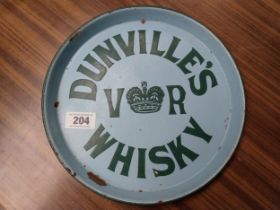 Dunville's VR whiskey enamel advertising drinks' tray {30 cm Dia.}.