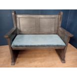 Wooden Irish settle bench blue velvet {H 99cm x W 108cm x D 64cm }.