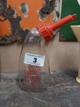 Glass Lucas Battery filler advertising bottle. {18 cm H x 8 cm W} and brass and metal blow torch. {