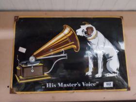 His Master's Voice enamel advertising sign. {40 cm H x 60 cm W}.