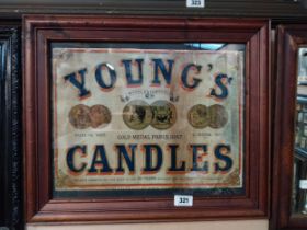 Young's Candles Dublin and London framed advertising showcard. {32 cm H x 62 cm W}.