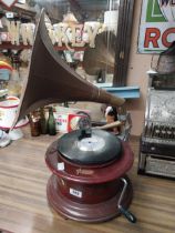 His Master's Voice gramophone with brass horn. {75 cm H x 30 cm Dia.}