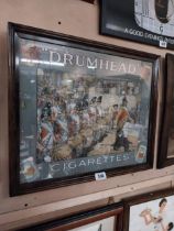 Drumhead Cigarettes pictorial advertising showcard mounted in oak frame {50 cm H x 60 cm W}.