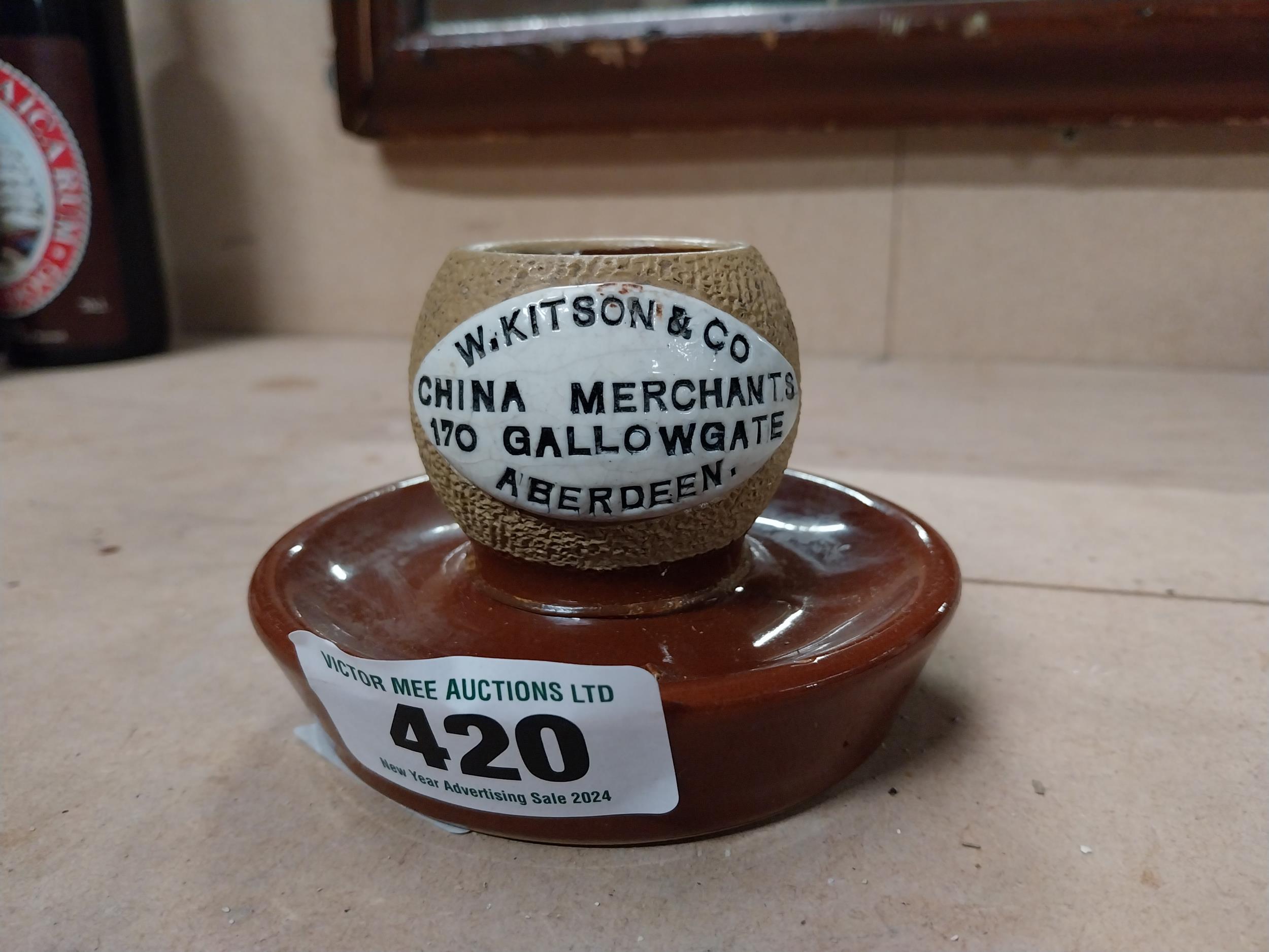 W Kitson and Co China Merchants Gallowgate Aberdeen ceramic match strike. {8 cm H x 10 cm Dia.} - Image 3 of 7