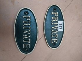 Two cast iron Private door plaques. {9 cm H x 19 cm W}.