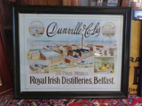 Large Dunville's Royal Irish Distillers advertising print mounted in pine frame {65 cm H x 80 cm