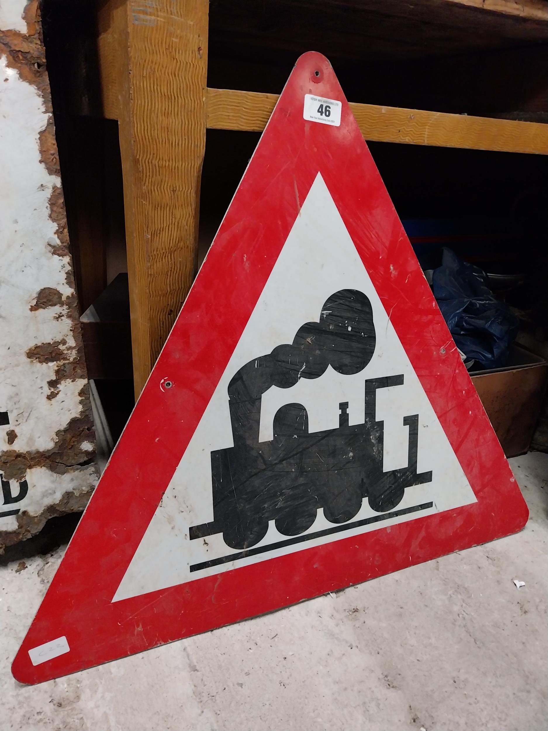 Triangular aluminium Train Ahead warning sign. {67 cm H x 73 cm W}. - Image 3 of 4