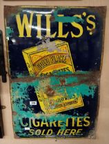 Wills's Gold Flake Cigarettes Sold Here enamel advertising sign. {90 cm H x 60 cm W}.