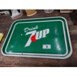 7 UP tin plate tray {30 cm H x 42 cm W} and Watney's Beer tin plate tray {32 cm Dia.}.