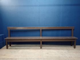 Pitch pine Irish dance hall settle bench {H 92cm x W 305cm x D 35cm }.