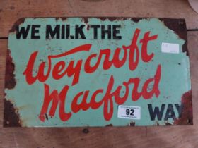 We Milk The Weyford Mackford Way enamel advertising sign. {23 cm H x 33 cm W}.