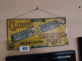 Clunes Sarsfield Plug tinplate advertising sign. {16 cm H x 30 cm W}.