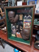 Framed montage of boxing memorabilia. {57 cm H x 44 cm W x 12 cm D}.